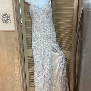 B. Darlin Womens silver lace, Open Back Evening,high slit, Dress Gown Juniors